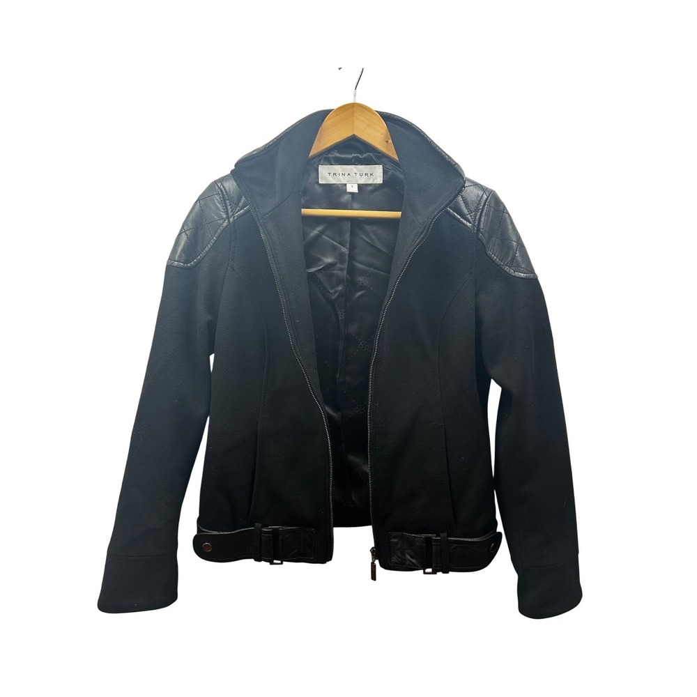 Trina Turk Wool Moto Jacket Wmn 2 Black Lamb Leather Trim Zip Dark Romantic Edge